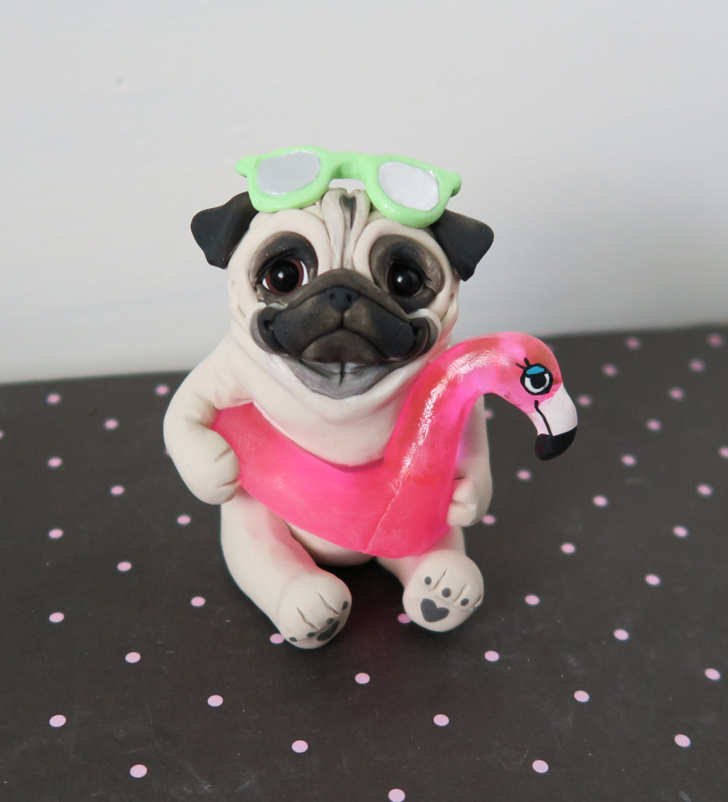 Flamingo Floaty Pug with Sunglasses Hand Sculpted Collectible