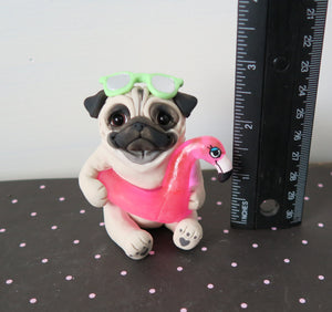 Flamingo Floaty Pug with Sunglasses Hand Sculpted Collectible