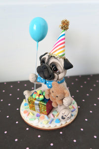 Birthday Pug Hand sculpted Collectible