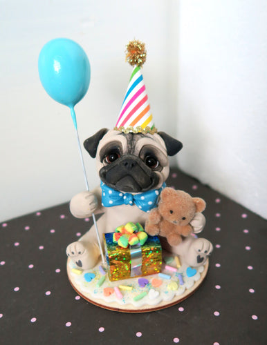 Birthday Pug Hand sculpted Collectible