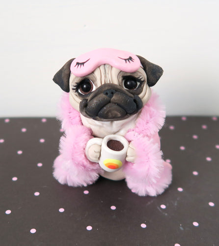 Pug in pink robe and slippers Good Morning Sculpture Hand Sculpted Collectible