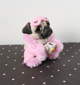 Pug in pink robe and slippers Good Morning Sculpture Hand Sculpted Collectible