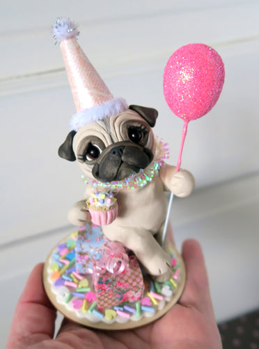 Birthday Pug Hand sculpted Collectible