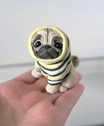 Silly Pug Putting on sweater Sculpture Hand Sculpted Collectible