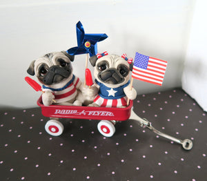 Americana Little Red Wagon of Pugs Hand sculpted Clay Collectible 4th of July