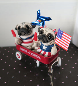 Americana Little Red Wagon of Pugs Hand sculpted Clay Collectible 4th of July