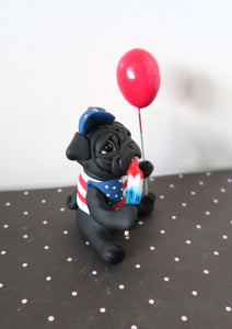 Americana Little Red Balloon Pug Hand sculpted Clay Collectible 4th of July