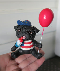 Americana Little Red Balloon Pug Hand sculpted Clay Collectible 4th of July