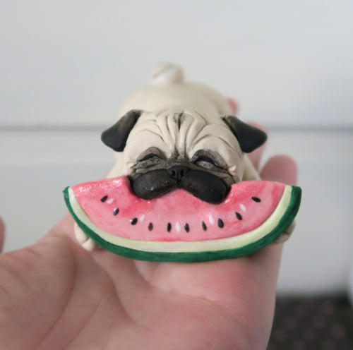 Watermelon Loving Pug Hand sculpted Clay Summertime Collectible