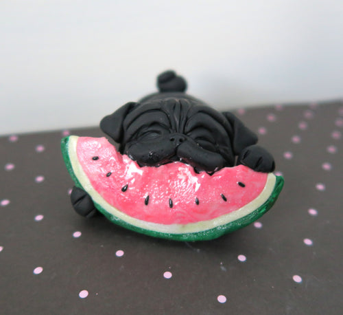 Watermelon Loving Pug Hand sculpted Clay Summertime Collectible