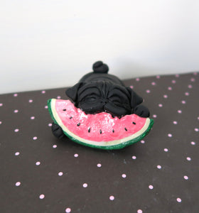 Watermelon Loving Pug Hand sculpted Clay Summertime Collectible