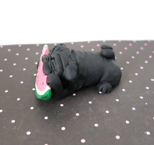 Load image into Gallery viewer, Watermelon Loving Pug Hand sculpted Clay Summertime Collectible