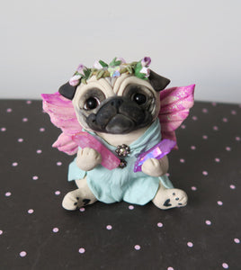 Fairy Pug with pretty crystals Sculpture Hand Sculpted Collectible
