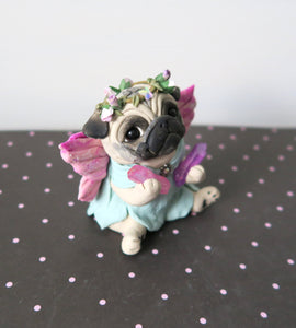 Fairy Pug with pretty crystals Sculpture Hand Sculpted Collectible