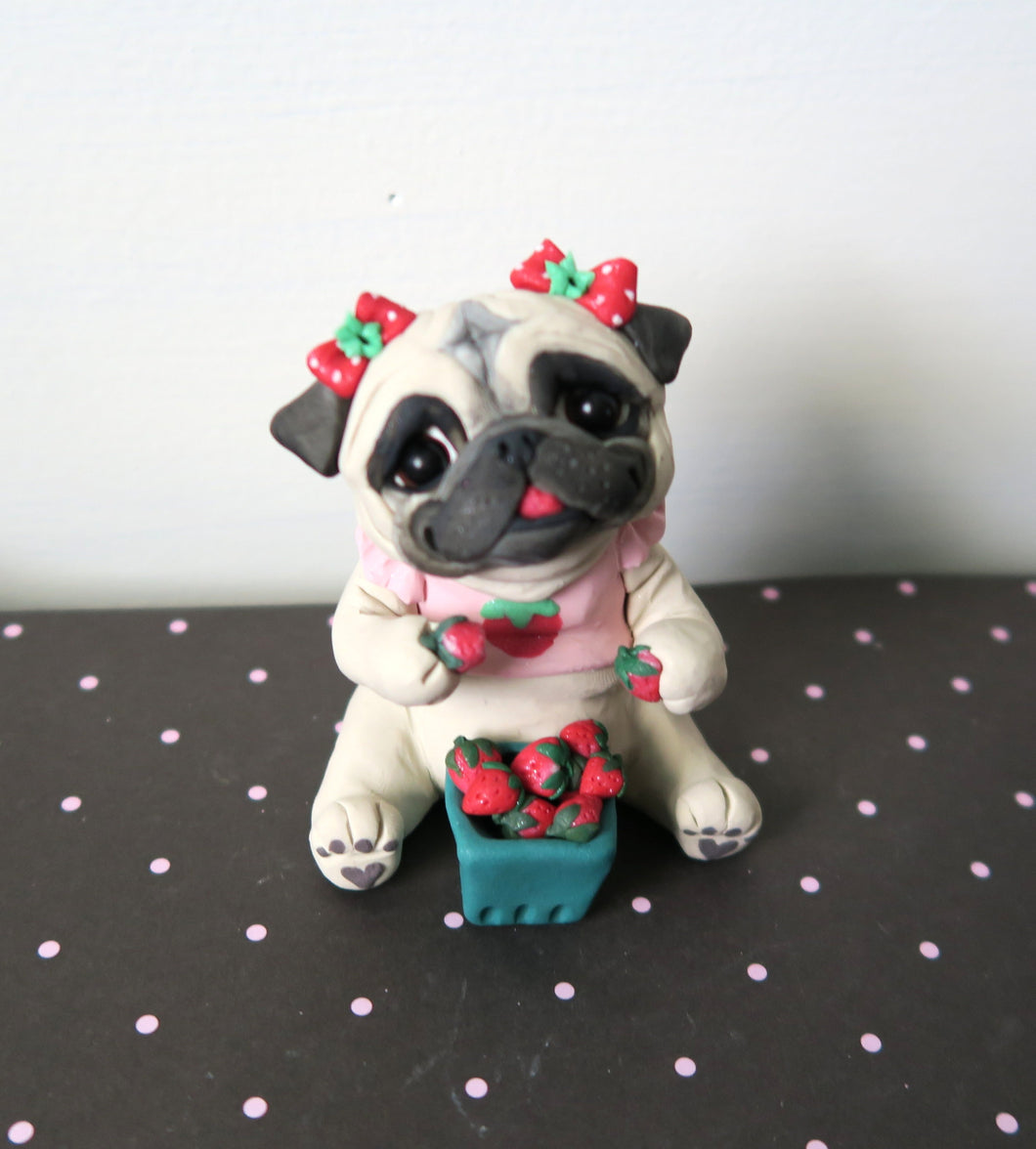 Strawberry Loving Pug Hand sculpted Clay Summertime Collectible