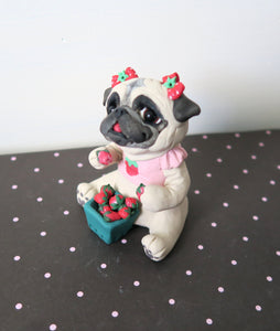 Strawberry Loving Pug Hand sculpted Clay Summertime Collectible