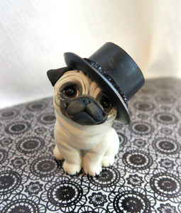 Pug trying on a big Tophat  Hand sculpted Furever Clay Collectible