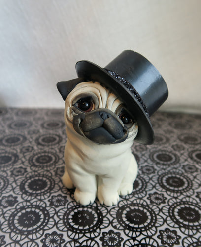 Pug trying on a big Tophat  Hand sculpted Furever Clay Collectible