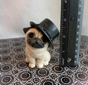 Pug trying on a big Tophat  Hand sculpted Furever Clay Collectible