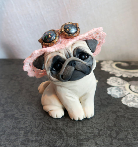 Summer Hat & Sunglasses Pug Hand sculpted Furever Clay Collectible