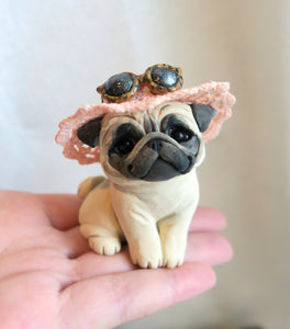 Summer Hat & Sunglasses Pug Hand sculpted Furever Clay Collectible