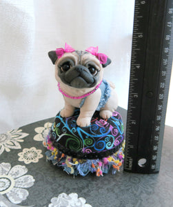 Pug on a Pedestal / Dog bed Mixed Media Hand Sculpted Collectible