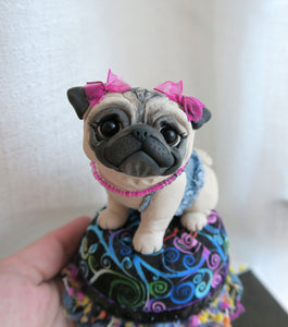 Pug on a Pedestal / Dog bed Mixed Media Hand Sculpted Collectible