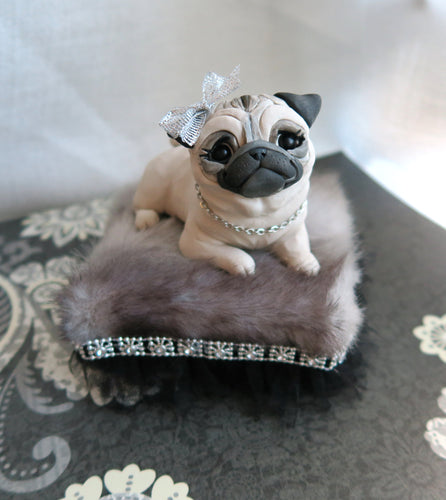 Pug on a Pedestal / Fur Ottoman Mixed Media Hand Sculpted Collectible