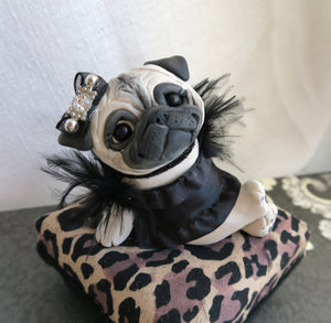 Pug on a Leopard Print Pedestal Dog Bed/ottoman Mixed Media Hand Sculpted Collectible