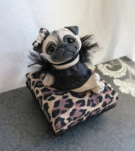 Load image into Gallery viewer, Pug on a Leopard Print Pedestal Dog Bed/ottoman Mixed Media Hand Sculpted Collectible