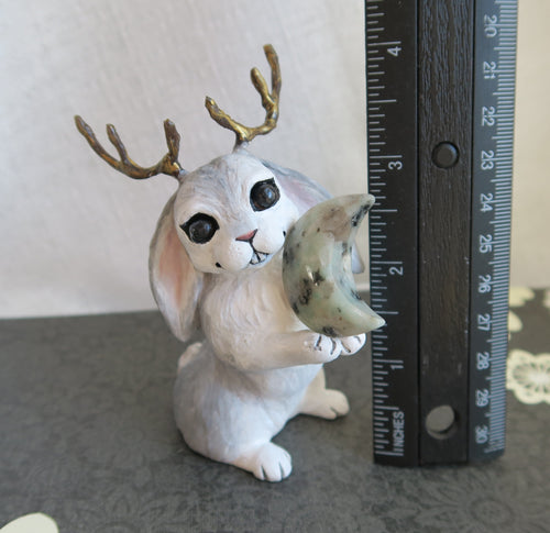 Jackalope with Kiwi Jasper Moon Hand Scuplted Clay Collectible