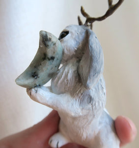Jackalope with Kiwi Jasper Moon Hand Scuplted Clay Collectible
