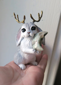 Jackalope with Kiwi Jasper Moon Hand Scuplted Clay Collectible