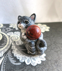 Grey Striped Tabby Cat Mini Sphere Holder Hand Scuplted Clay Collectible