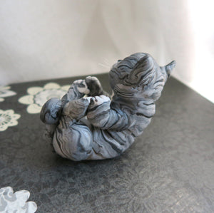 Grey Striped Tabby Cat Mini Sphere Holder Hand Scuplted Clay Collectible