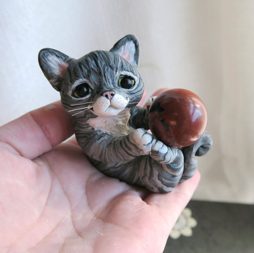 Grey Striped Tabby Cat Mini Sphere Holder Hand Scuplted Clay Collectible