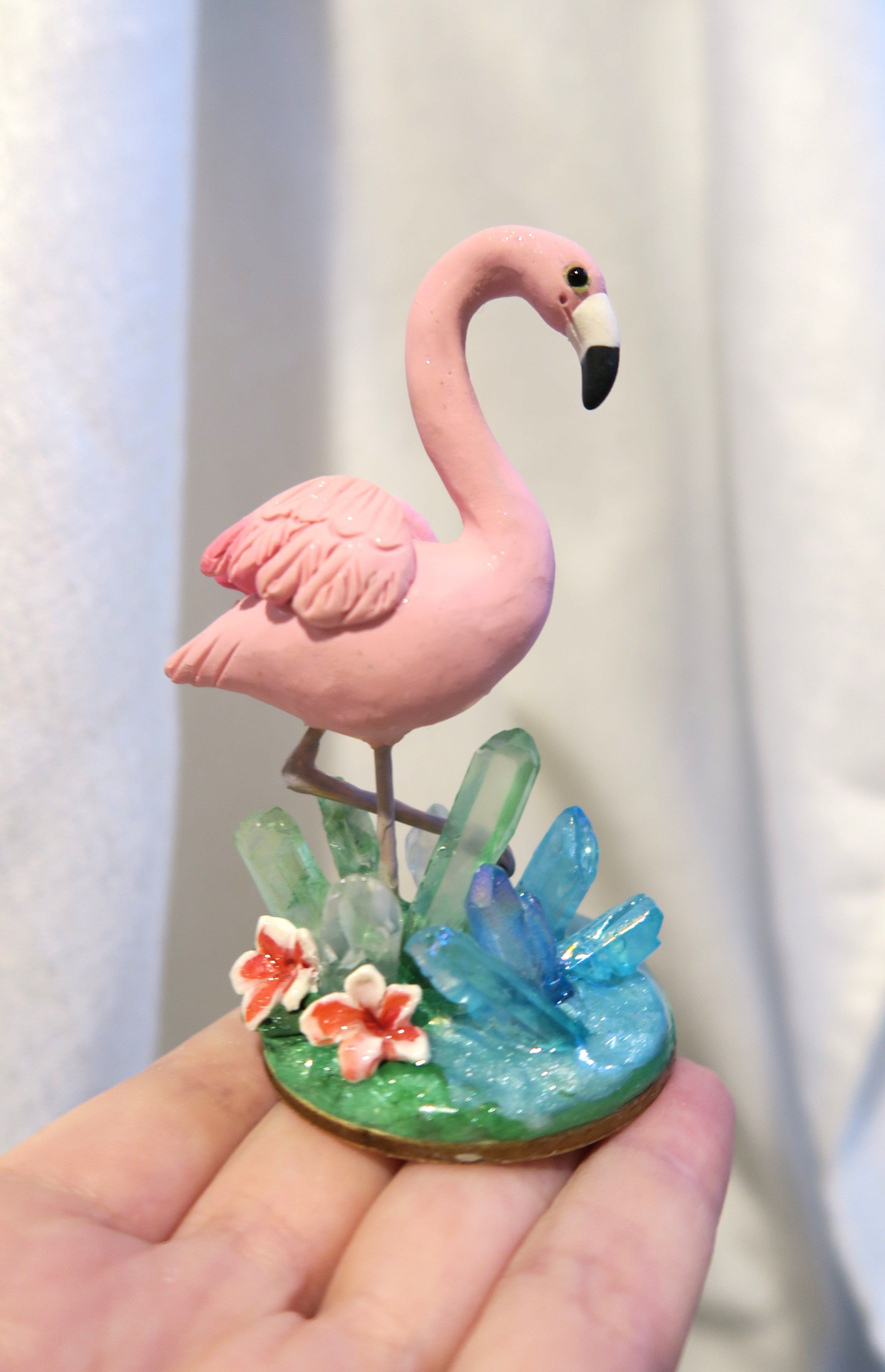 Flamingo with Aura Crystal points Hand Scuplted Clay Collectible
