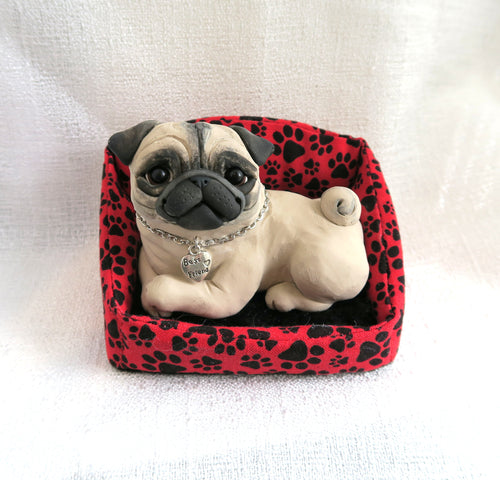 Best Friend Pug in Adorable Dog Bed - You Choose! Mixed Media Hand Sculpted Collectible