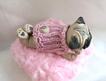 Load image into Gallery viewer, Pink Sweater Pug on pink rosebud fur Pedestal Dog Bed Mixed Media Hand Sculpted Collectible