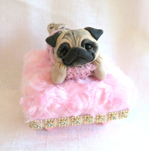Pink Sweater Pug on pink rosebud fur Pedestal Dog Bed Mixed Media Hand Sculpted Collectible