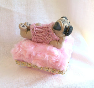 Pink Sweater Pug on pink rosebud fur Pedestal Dog Bed Mixed Media Hand Sculpted Collectible