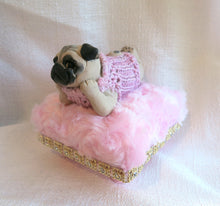 Load image into Gallery viewer, Pink Sweater Pug on pink rosebud fur Pedestal Dog Bed Mixed Media Hand Sculpted Collectible