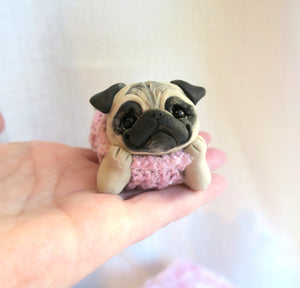 Pink Sweater Pug on pink rosebud fur Pedestal Dog Bed Mixed Media Hand Sculpted Collectible