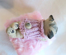 Load image into Gallery viewer, Pink Sweater Pug on pink rosebud fur Pedestal Dog Bed Mixed Media Hand Sculpted Collectible