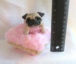 Pink Sweater Pug on pink rosebud fur Pedestal Dog Bed Mixed Media Hand Sculpted Collectible