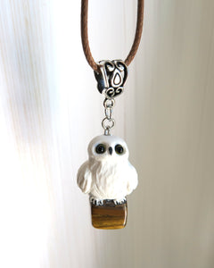 White Owl Tiger's Eye Hand Sculpted Clay Pendant Necklace