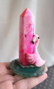 Flamingo with Pink tower Hand Scuplted Clay & Crystal Collectible