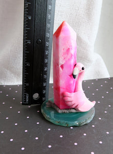 Flamingo with Pink tower Hand Scuplted Clay & Crystal Collectible