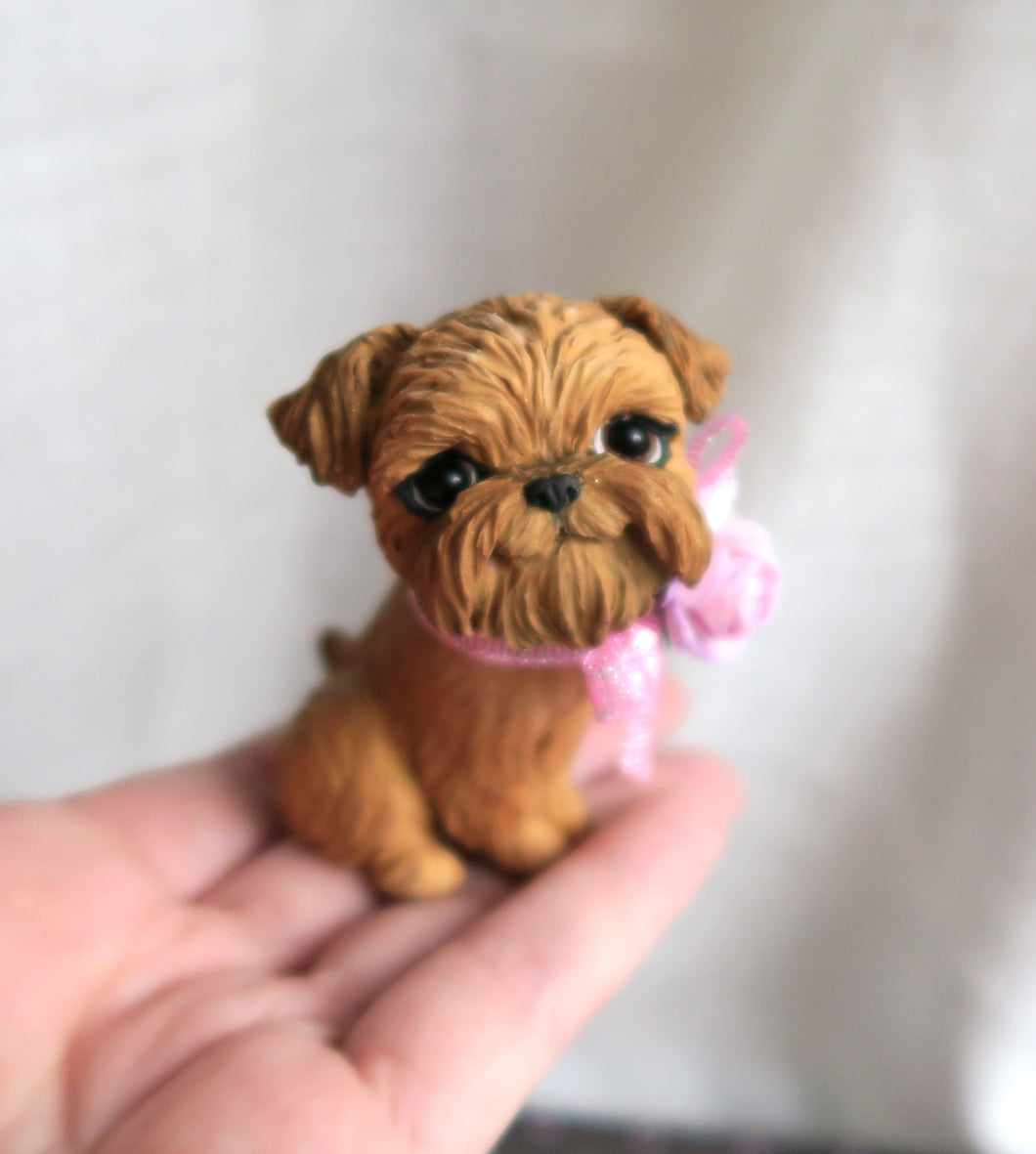 Brussels Griffon with a Pink Bow Hand sculpted Clay Collectible