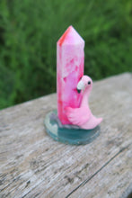 Load image into Gallery viewer, Flamingo with Pink tower Hand Scuplted Clay &amp; Crystal Collectible